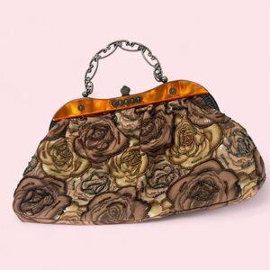 Vtg 1960s Art Deco Beaded Floral Purse Shoukder Handbag Clutch Brown